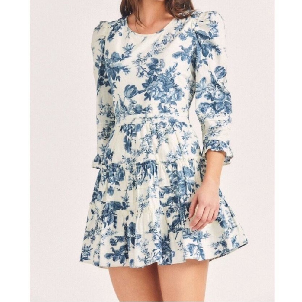LoveShackFancy Lienzo Blue White China Floral Toile Print Mini Dress NWT